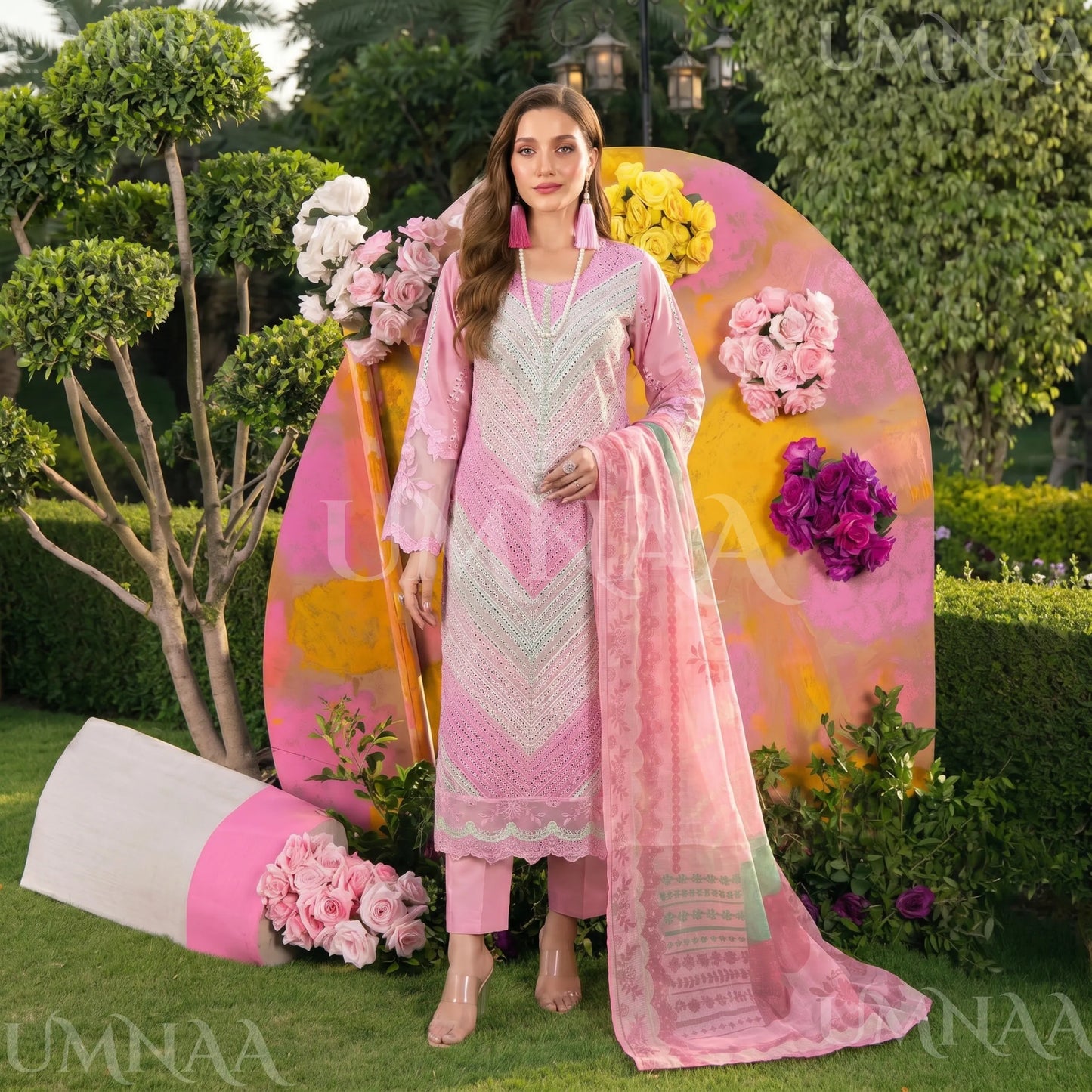 UA-208 Embroidered Chikenkari Cambric Cotton Pastel Festive Collection by Umnaa - Ready to Wear Pakistani Asian clothes