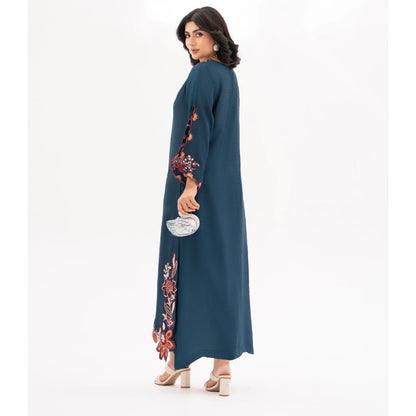 RA-32 MIDNIGHT BLOSSOM Embroidered Raw Silk Long Kaftan Style 2 Piece | Elegant Women's Festive & Formal Wear