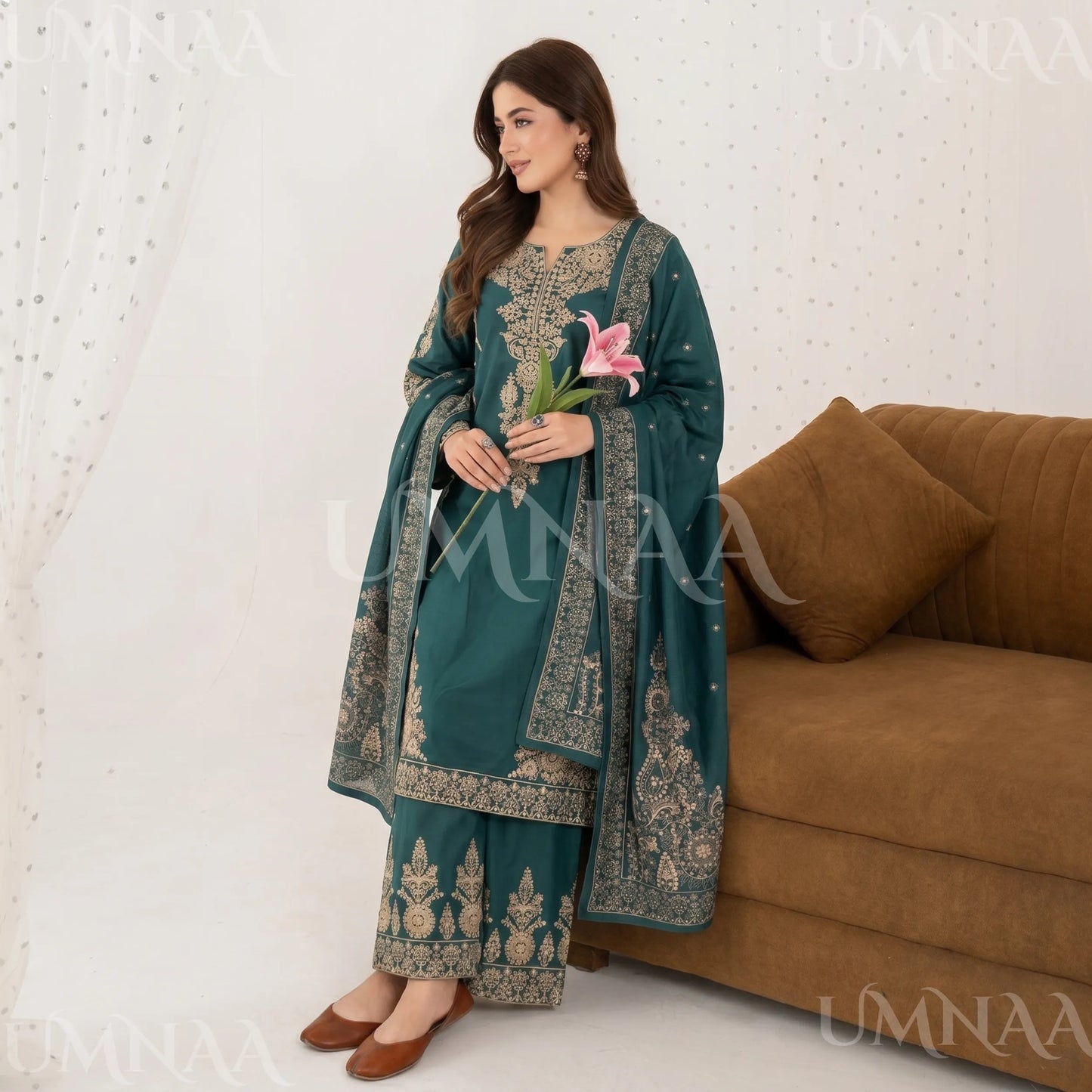 UA-222 Embroidered Cotton Ready to Wear Collection Pakistani Asian Women | 3 Piece Shirt Trouser Duppata by Umnaa