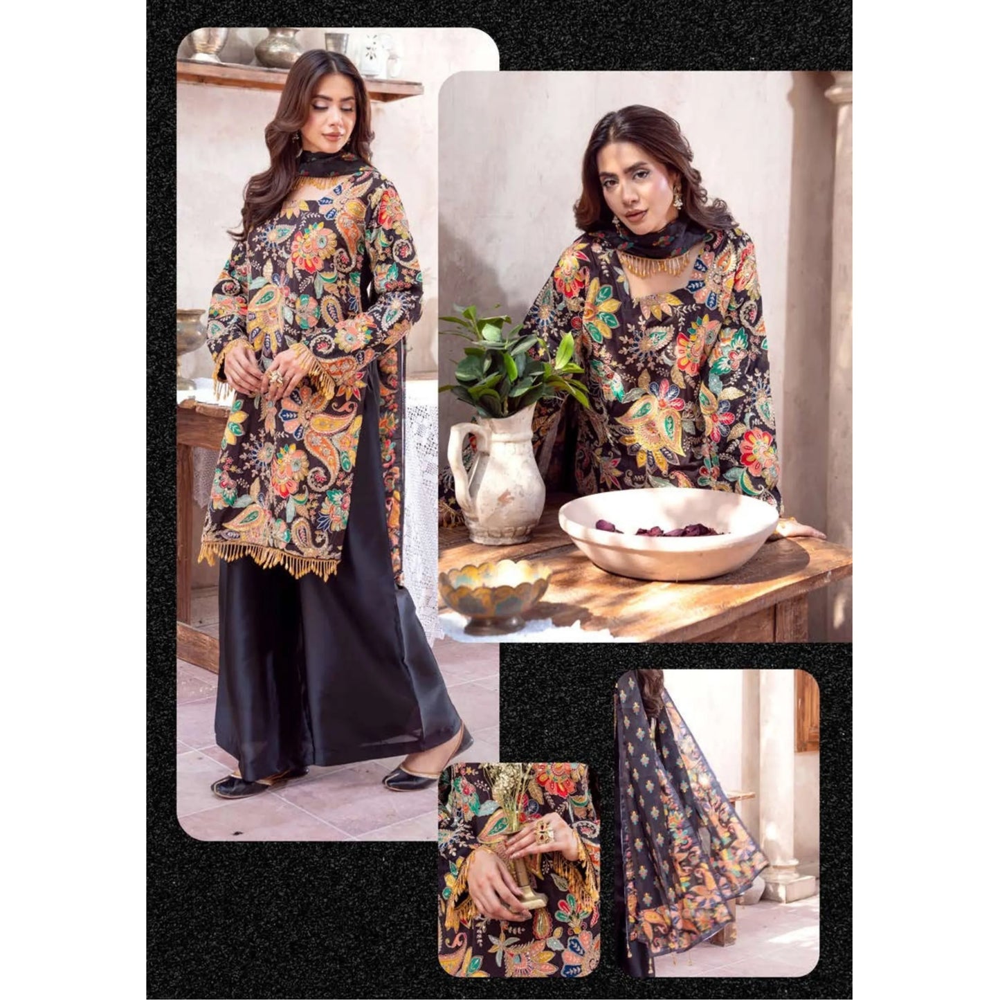 UA-225 Trendy Indian Armani Silk 3 Piece Suit by Umnaa | Embroidered Kameez with Shamoos Silk Shararah & Apple Silk Dupatta | Festive & Party Wear