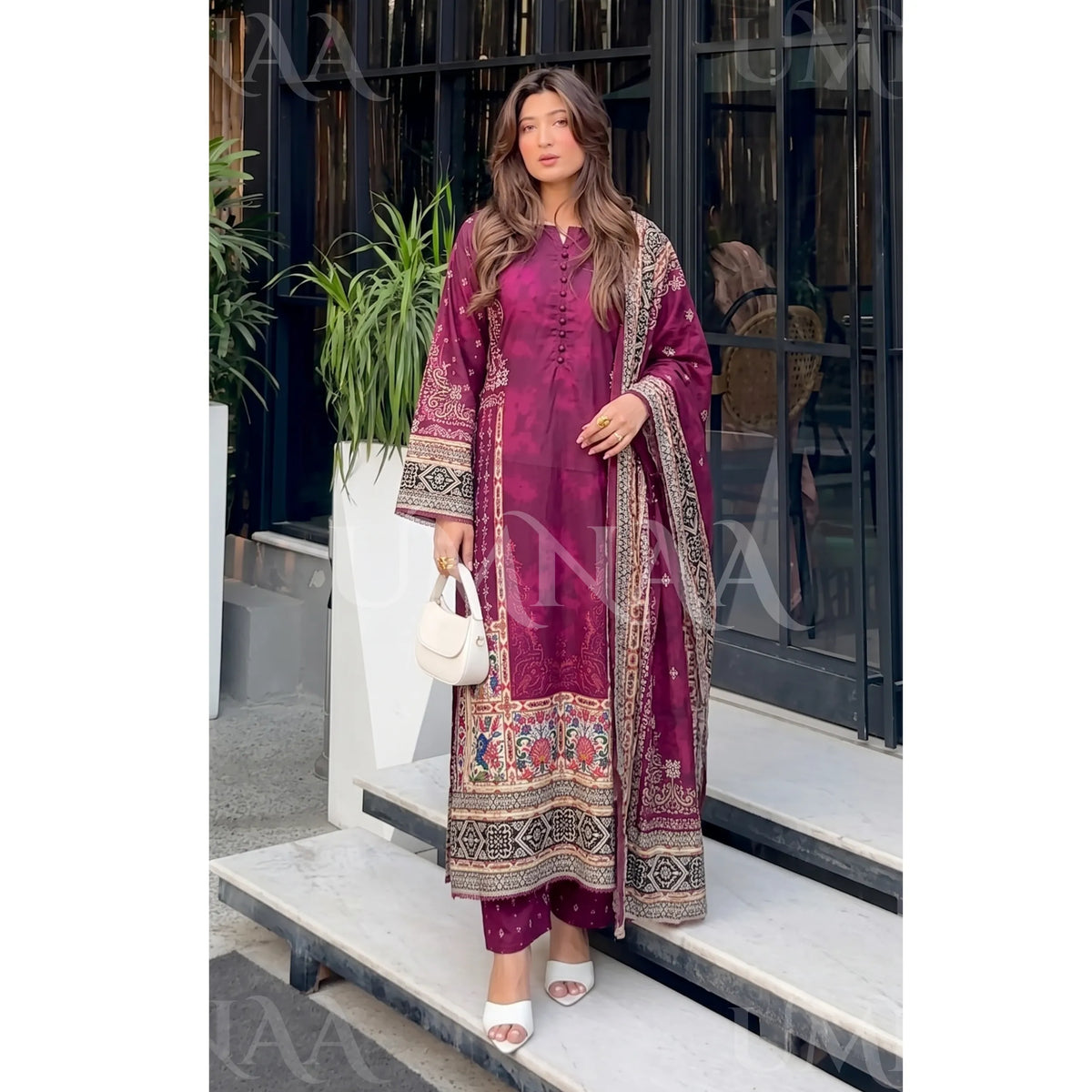 UA-228 Printed Lawn Long Kaftan Style 3  Piece Casual Summer Collection by Umnaa