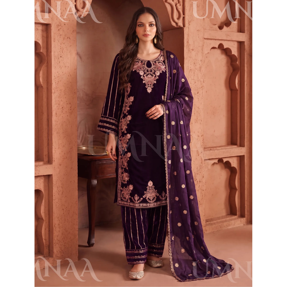 UA-293 Embroidered Luxury Velvet Collection | Umnaa - Plum