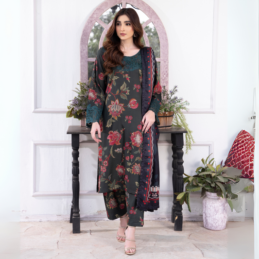 3 Pc Embroidered Printed Dress with Dhanak Wool Shawl | Winter Collection | Raniya.h | UMRAH0503