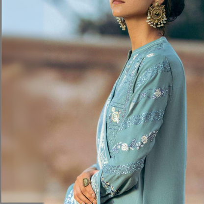 Sea Green 3 Piece Embroidered Dhanak Ready to Wear Collection by Casuallite | UMCAE0604