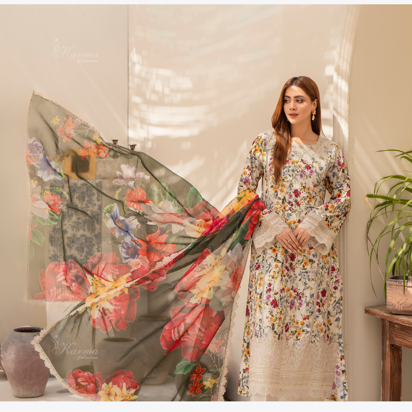 Multi floral Print Cotrai dhanak with pasmina wool shawl 3 Pc - Karma Collection | UMKC0601