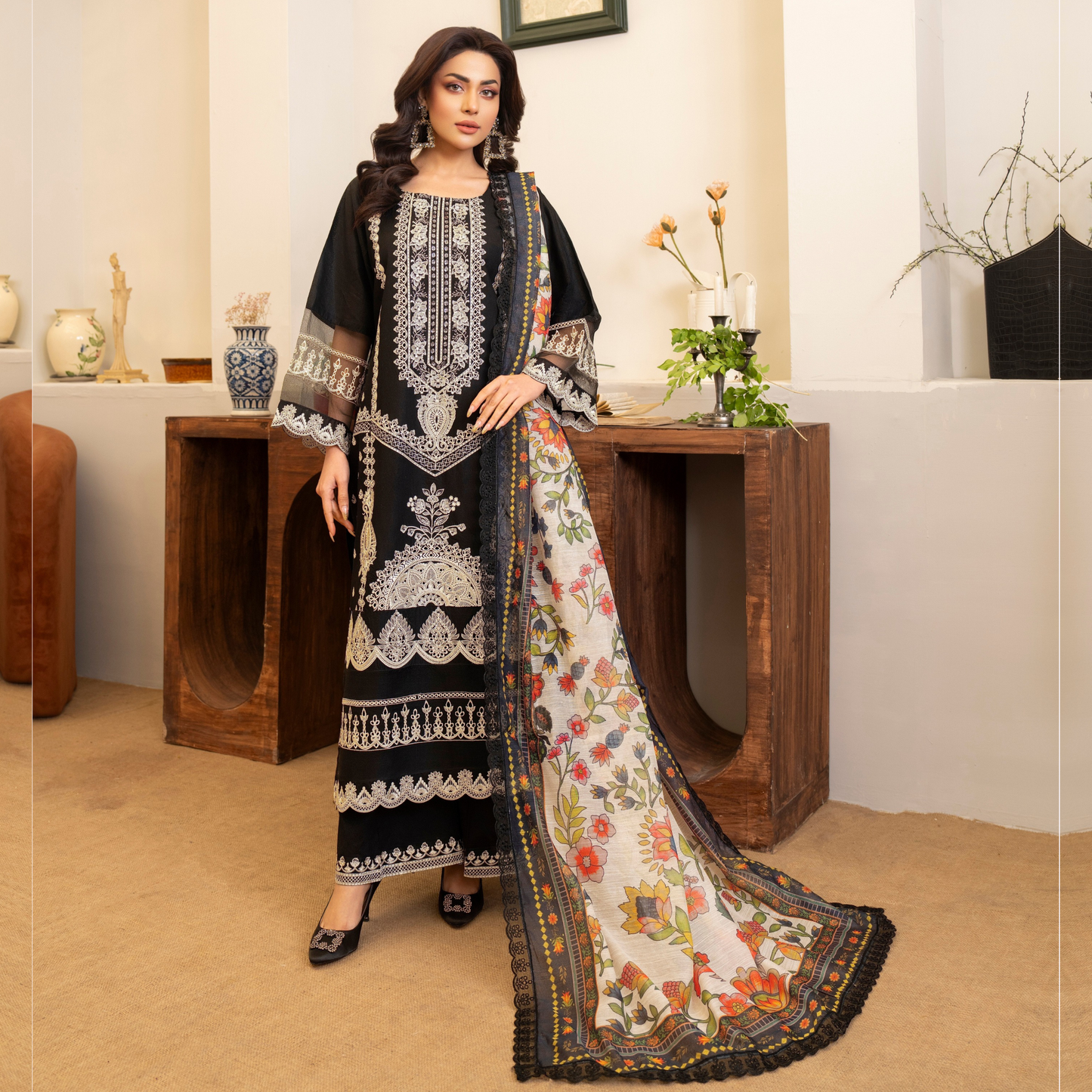 UKC-17 (Black) Embroidered Cambric Cotton Ready to Wear 3 Pc - Karma Collection