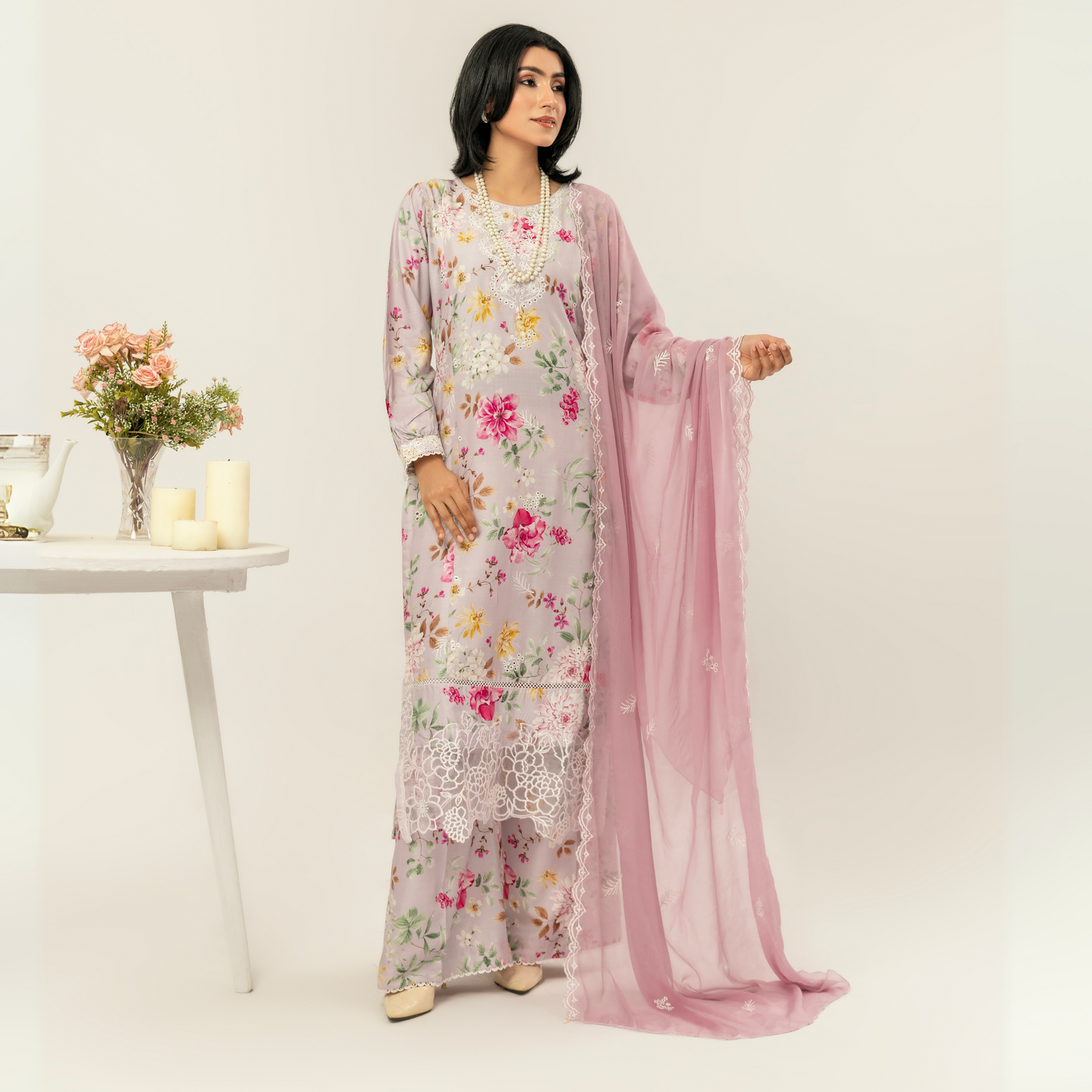 UMS-10 Floral Printed Embroidered Linen | 3 Pc | Ready-to-wear Dress - Simrans