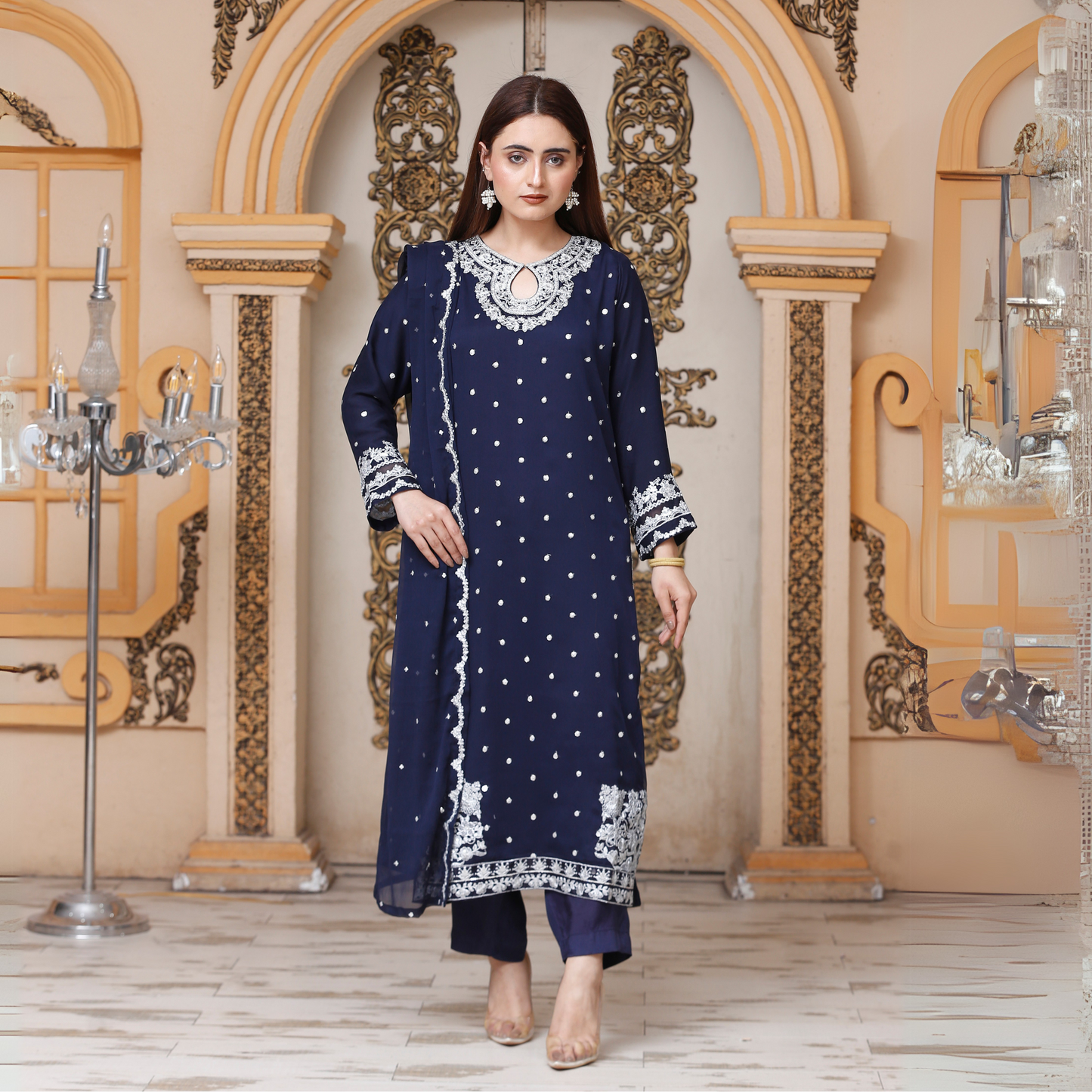 UA-54 3Pc Luxury Embroidered Chiffon Dress with Chiffon Dupatta 3 Pc |Ready to Wear| Umnaa