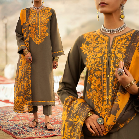 (Olive Green) 3 Pc Embroidered Cotton Ready to Wear Collection by Casuallite | UCA-14