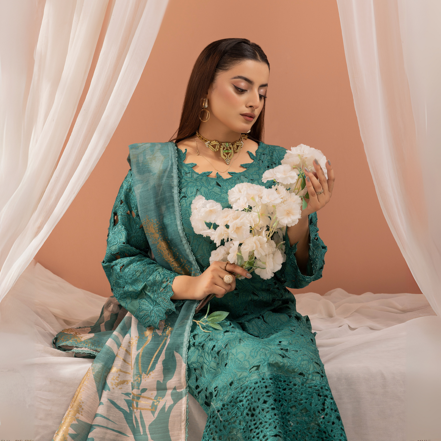 UMS-16 3 Pc Chikenkari Cambric Cotton Ready to Wear Dress | Simrans
