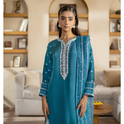 3 Pc Embroidered Raw Silk Farshi Shalwar kameez Pakistani Dress | Ready to wear | Raniya.h URA-14
