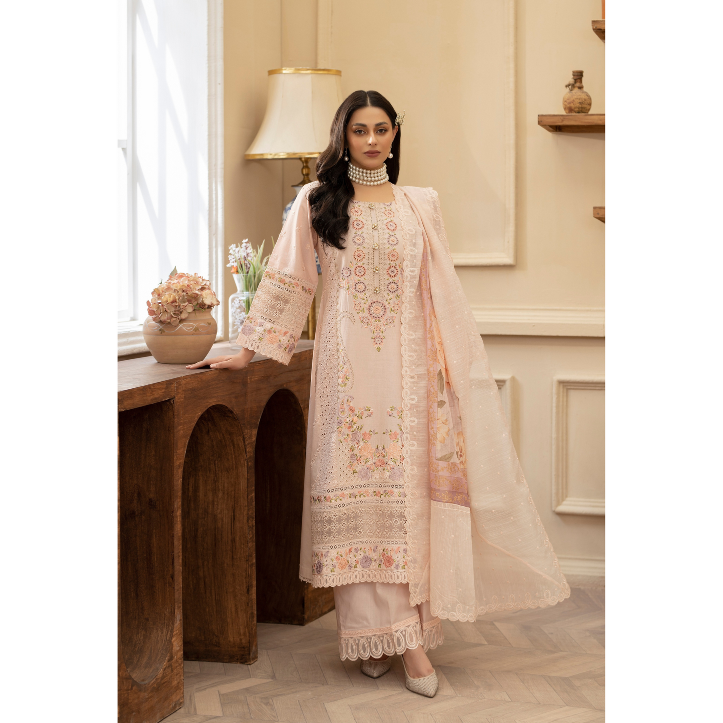 KC-1434 Embroidered Chikenkari Cambric Cotton Dress Ready to Wear 3 Pc - Karma Collection