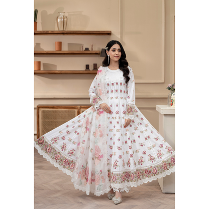 KC-1436 Embroidered Cambric Cotton long Frock Dress Ready to Wear 3 Pc - Karma Collection