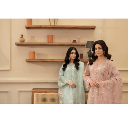 KC-1437 Embroidered Cambric Cotton long Frock Dress Ready to Wear 3 Pc - Karma Collection