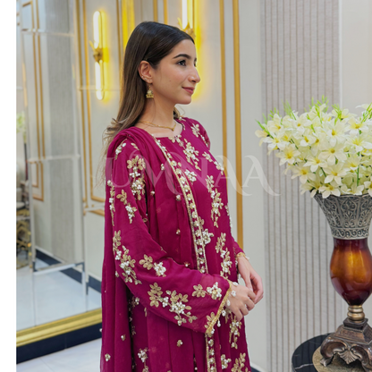 3 Piece Embroidered Chiffon Party wear Pakistani Dress | Umnaa