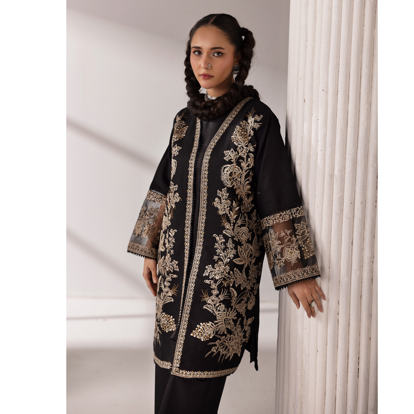 UMS-51 Maria.B inspired Embroidered Khaddar Jacket style dress with chiffon Duppatta by Simrans