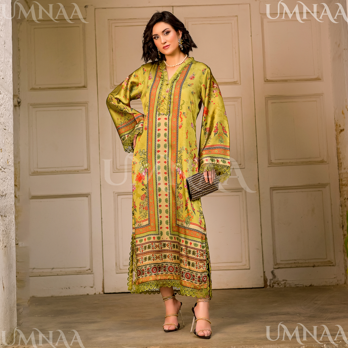 UA-160 Printed Silk kaftan Style long Maxi 1 PC  | Ready to wear | Umnaa