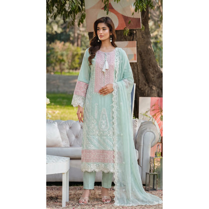 UB-02 3 Pc Embroidered Linen Dress With Embroidered Chiffon Dupatta  By UB