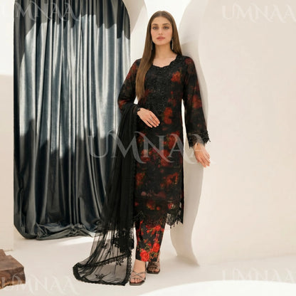 UA-184 Embroidered Chiffon 3-Piece with Printed Lining & Trouser