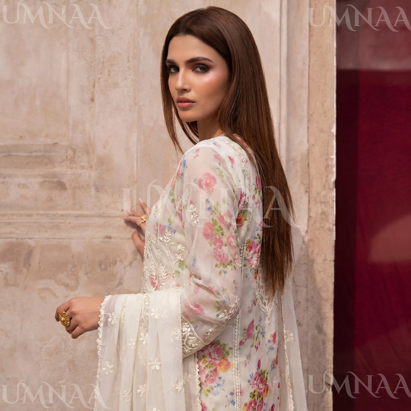 UA-205 Embroidered Chiffon 3-Piece with Printed Lining & Trouser