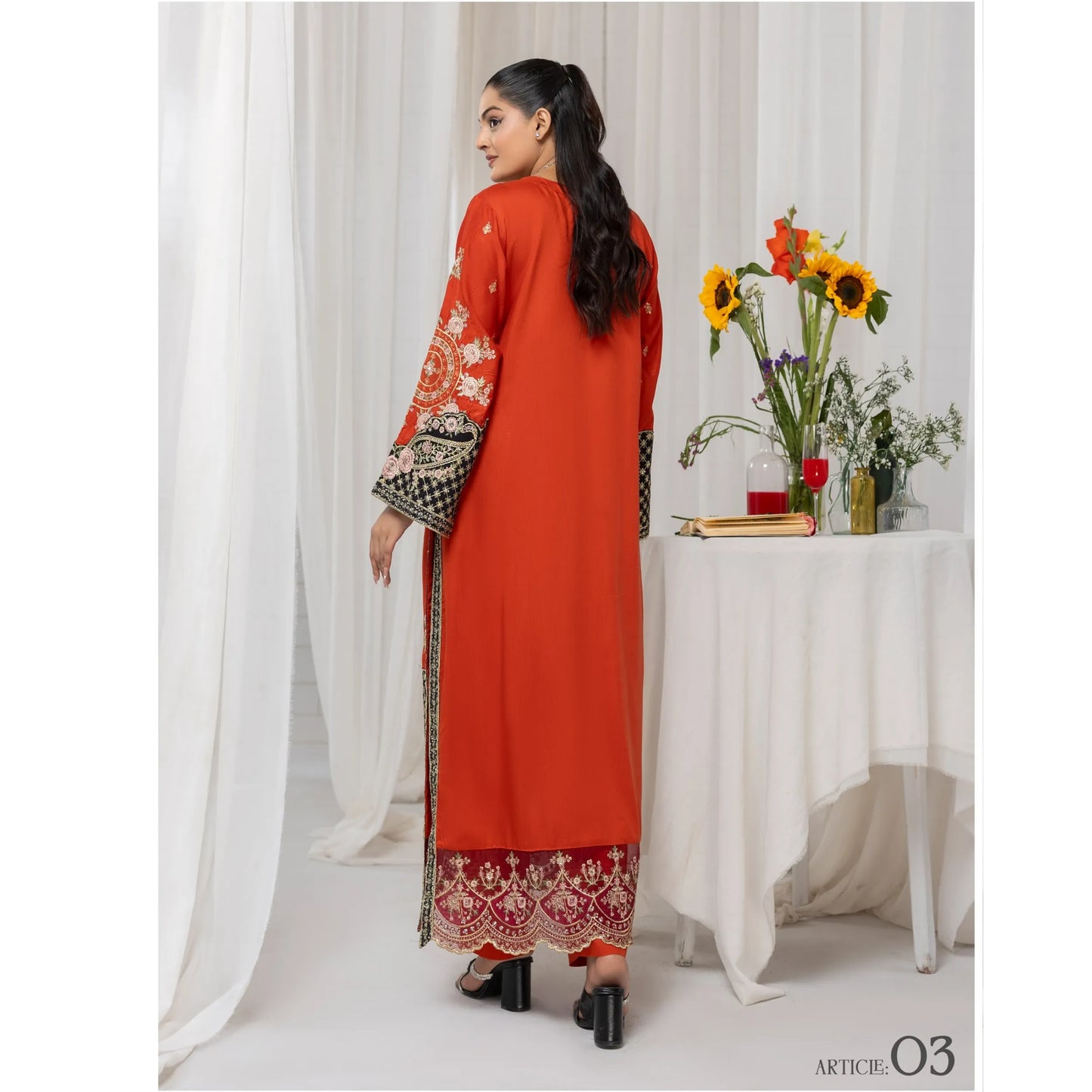 UTT-23 Embroidered Viscose Linen Kaftan Style 2 Piece Co Ord Set Collection by Traditional Thread