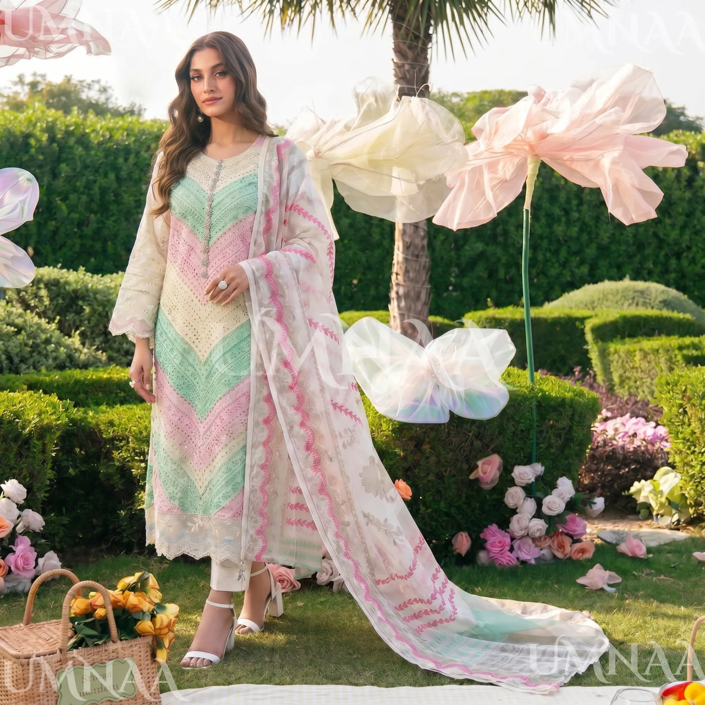 UA-208 Embroidered Chikenkari Cambric Cotton Pastel Festive Collection by Umnaa - Ready to Wear Pakistani Asian clothes