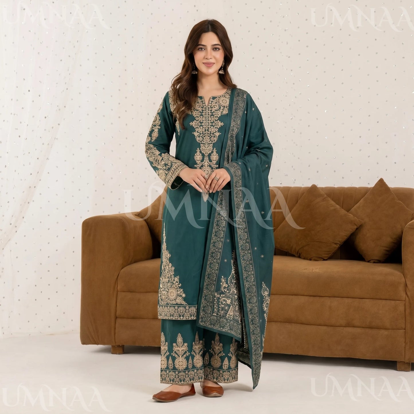 UA-222 Embroidered Cotton Ready to Wear Collection Pakistani Asian Women | 3 Piece Shirt Trouser Duppata by Umnaa