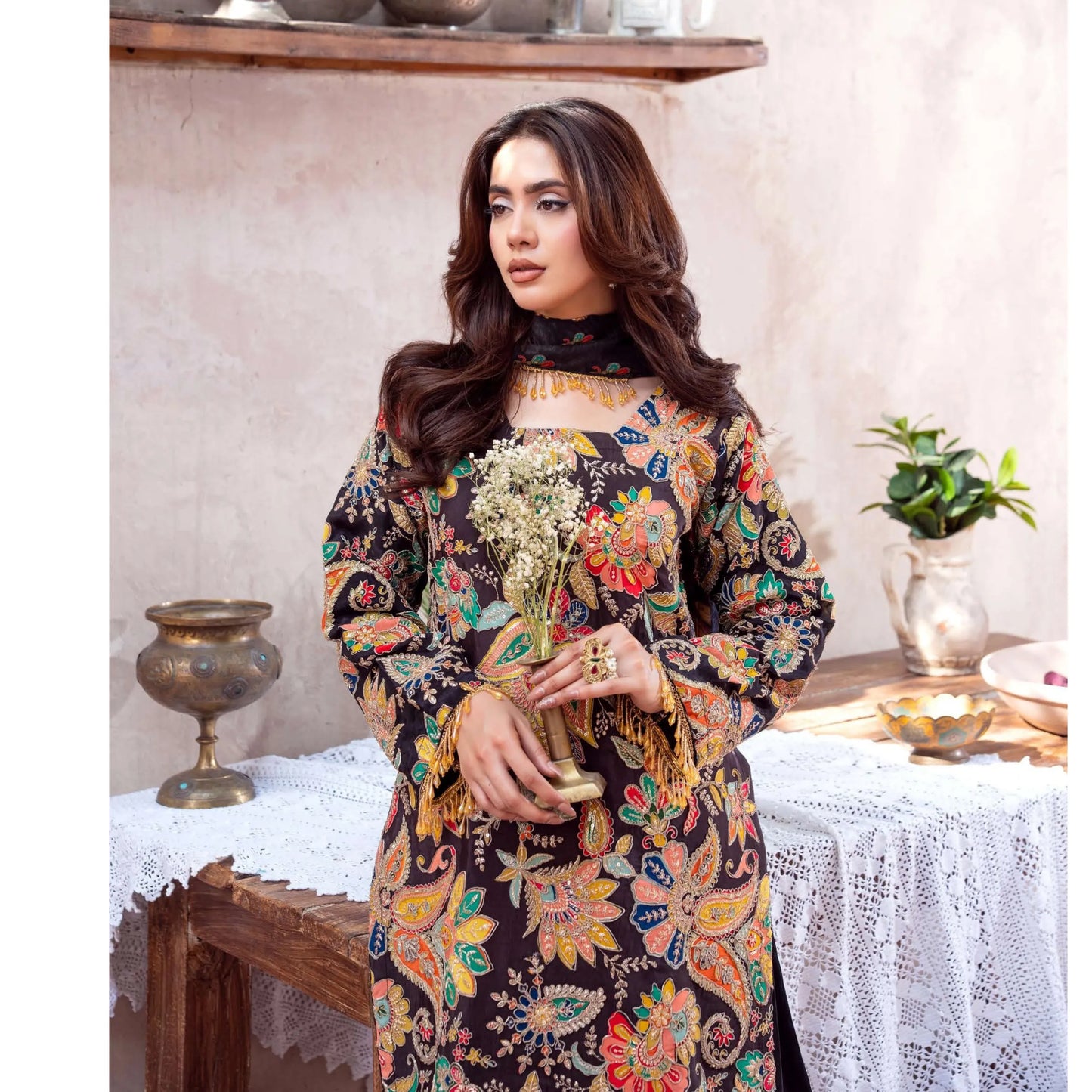 UA-225 Trendy Indian Armani Silk 3 Piece Suit by Umnaa | Embroidered Kameez with Shamoos Silk Shararah & Apple Silk Dupatta | Festive & Party Wear