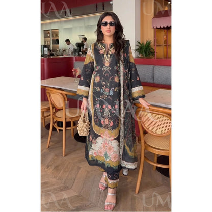 UA-228 Printed Lawn Long Kaftan Style 3  Piece Casual Summer Collection by Umnaa