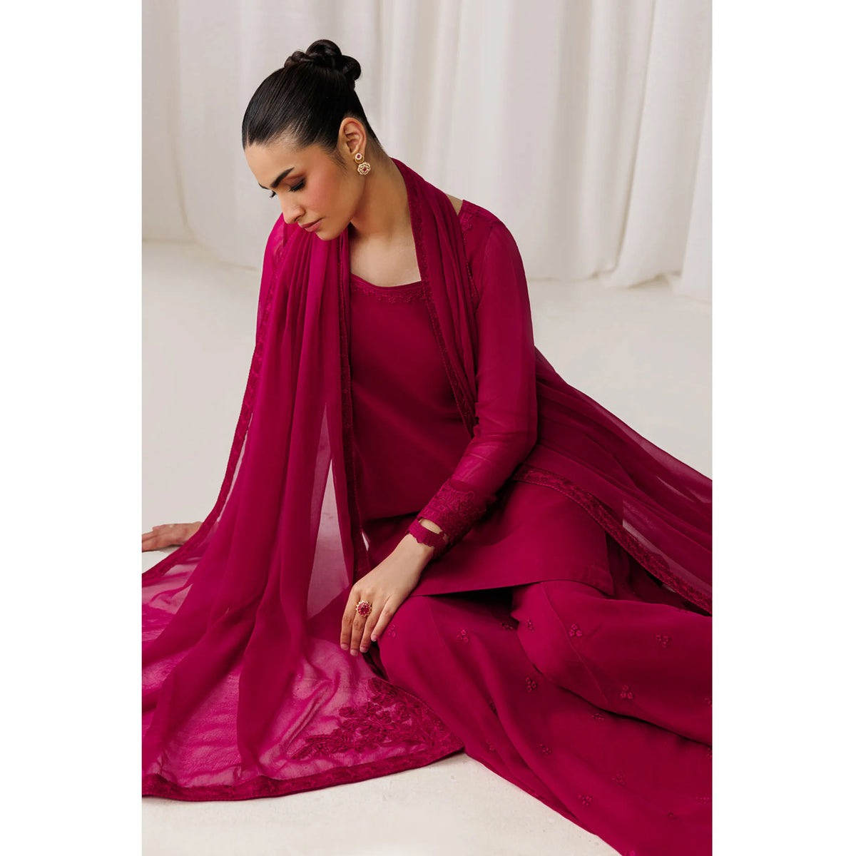 UA-230 Chiffon Sharara Full Sleeves Lined 3 Piece Suit | Chiffon Shirt with Embroidered Sharara & Dupatta | Formal Party Wear