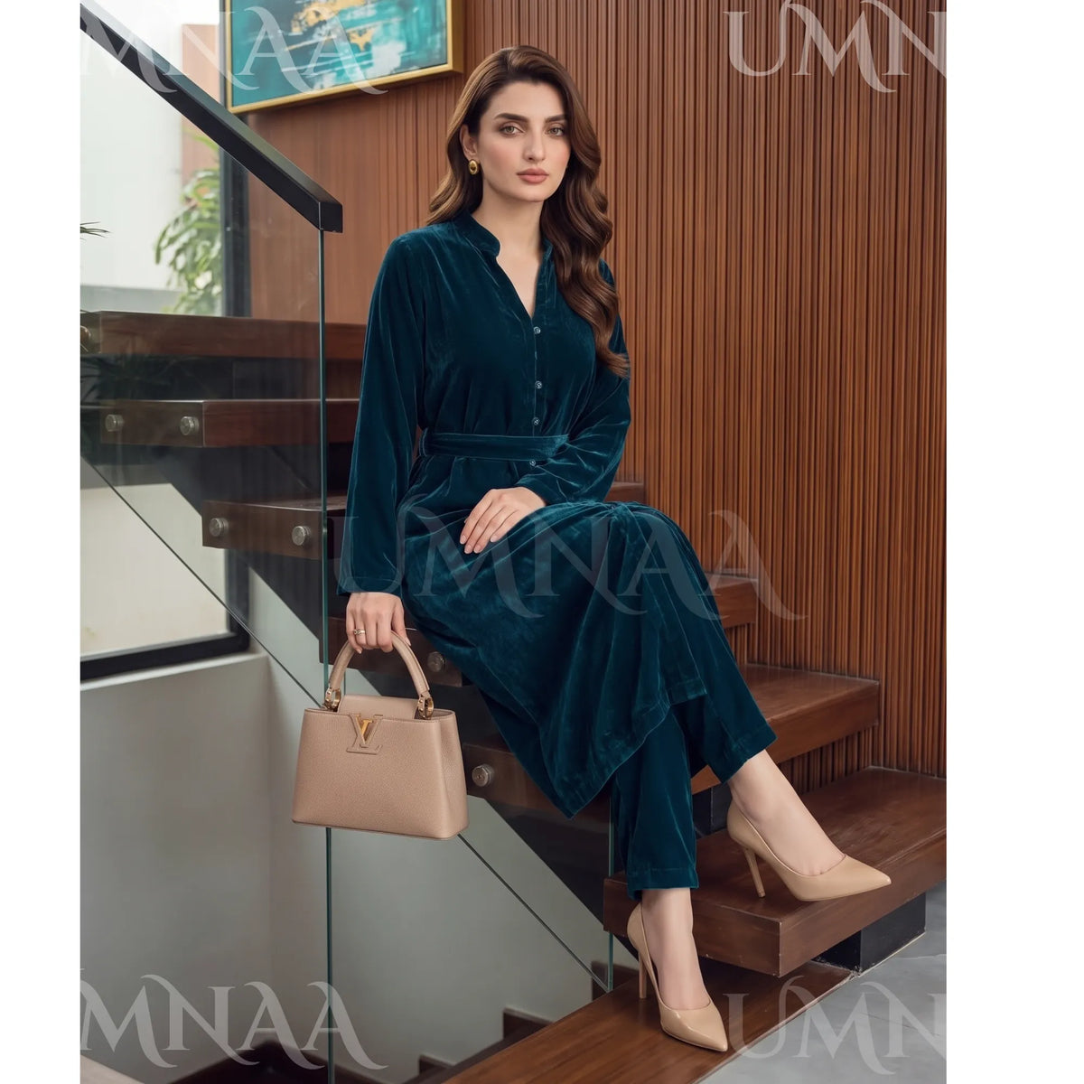UA-301 Coat Style Velvet Co-Ords 2 Pc | Umnaa