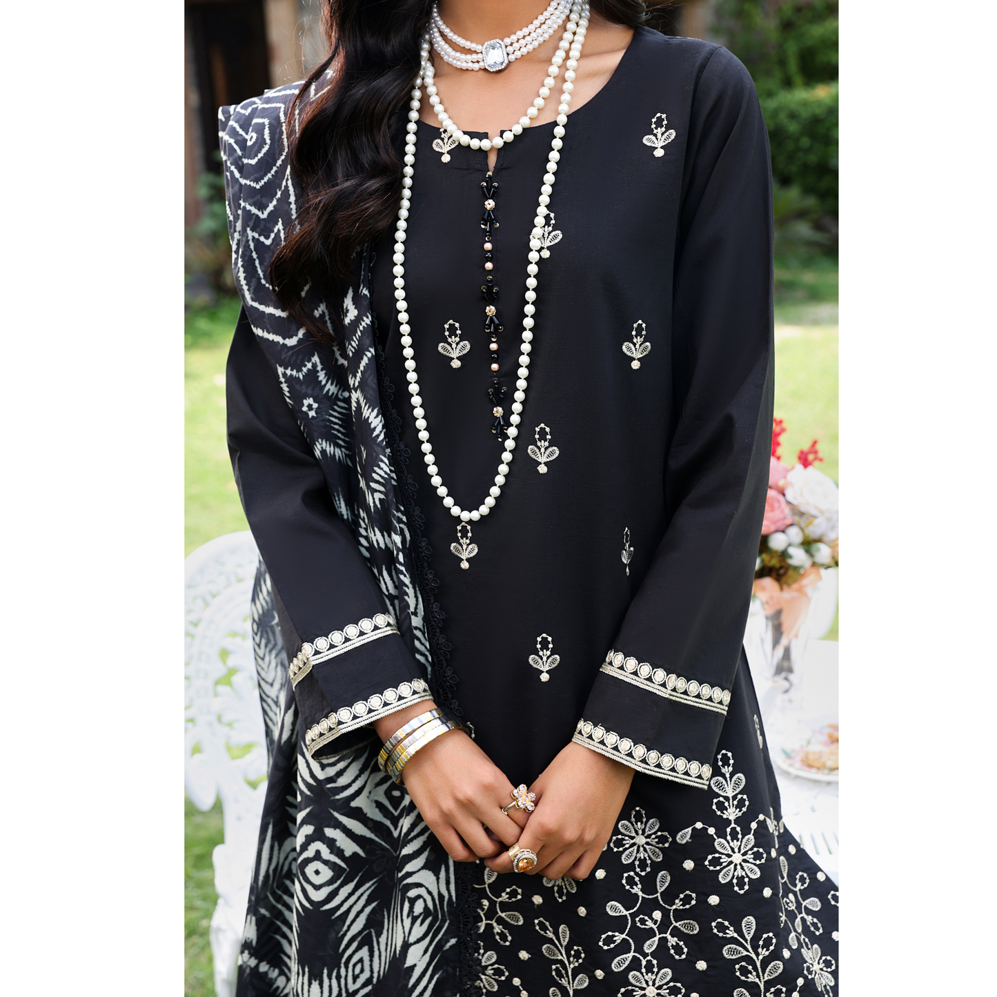 (Black & White) trendy Farshi Shalwar Embroidered Cambric Cotton Embroidered Dress | Ready to Wear | Heera's