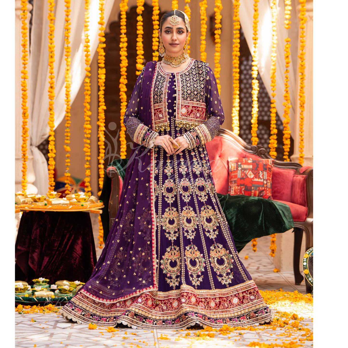 Luxury Embroidered  chiffon long Maxi with velvet jacket | Wedding Collection | karma Collection | UMKC01401