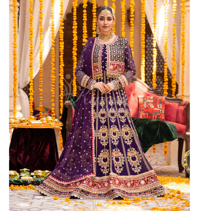 Luxury Embroidered  chiffon long Maxi with velvet jacket | Wedding Collection | karma Collection | UMKC01401
