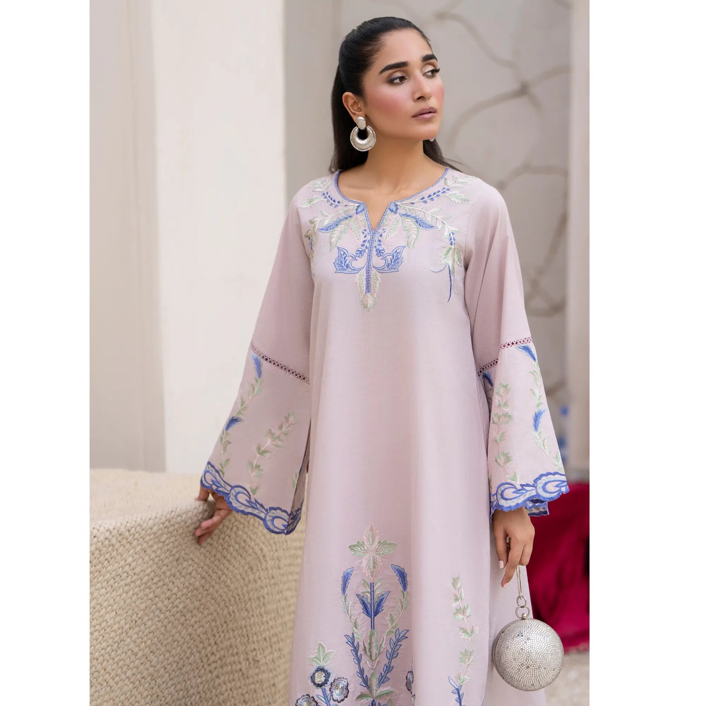 UA-247 Embroidered Cambric Cotton Kaftan Style Co-Ord Set Asian Wear | Umnaa