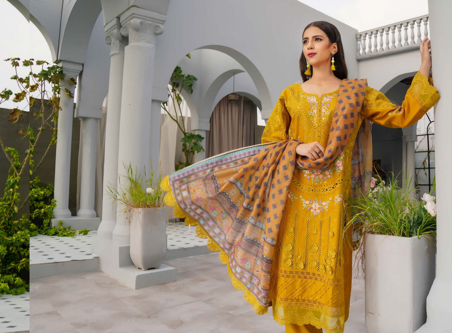 (Mustard) Heavy Embroidered Cotton Linen Ready to Wear Dress - MUNIRA