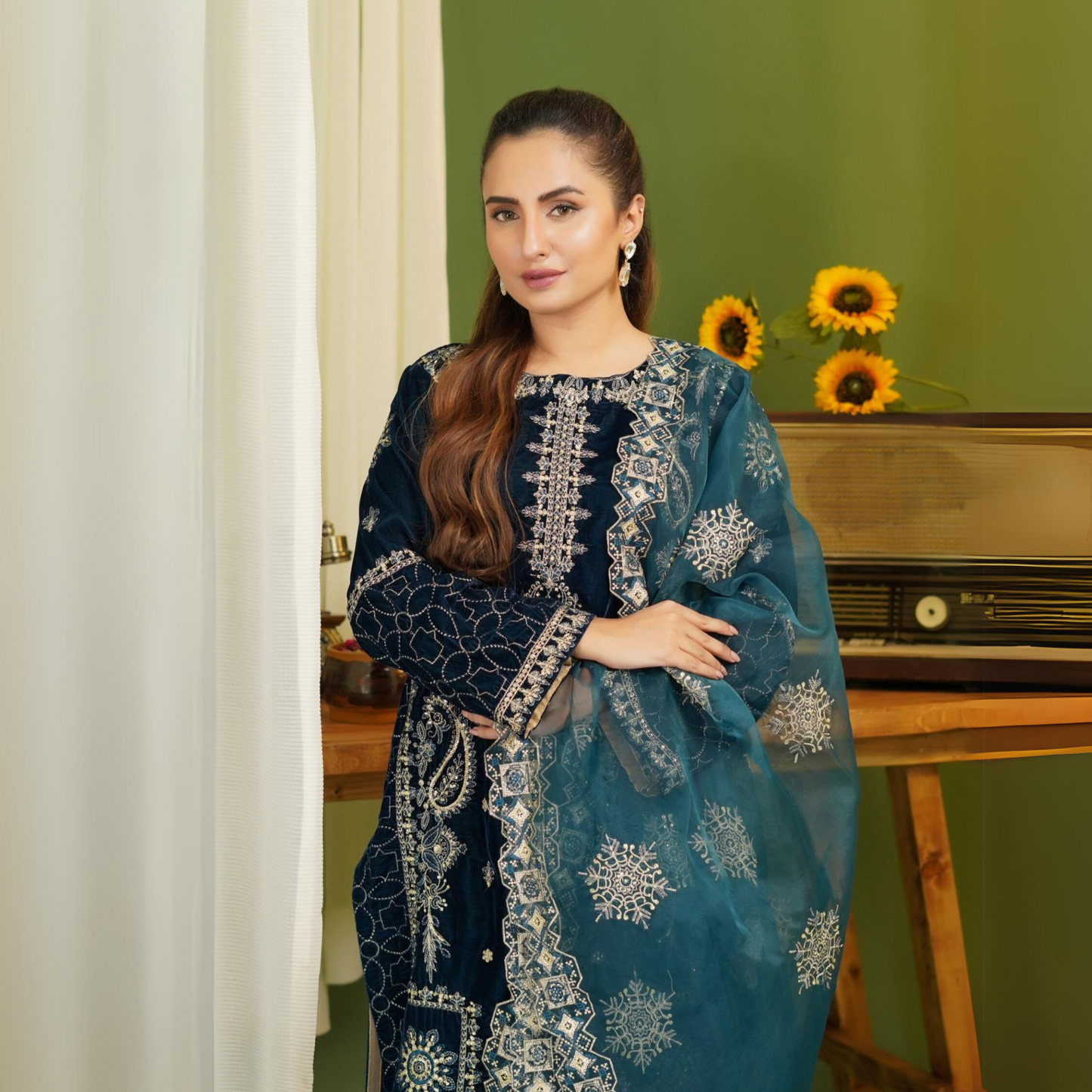 (Teal Blue) Luxury Velvet Ready to Wear Embroidered Collection by Simrans