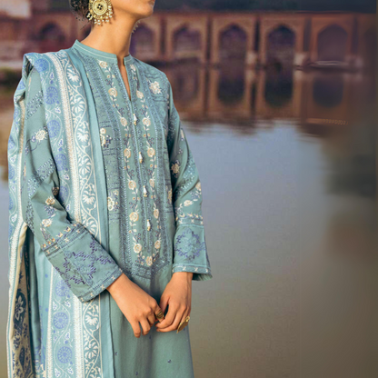 Sea Green 3 Piece Embroidered Dhanak Ready to Wear Collection by Casuallite | UMCAE0604