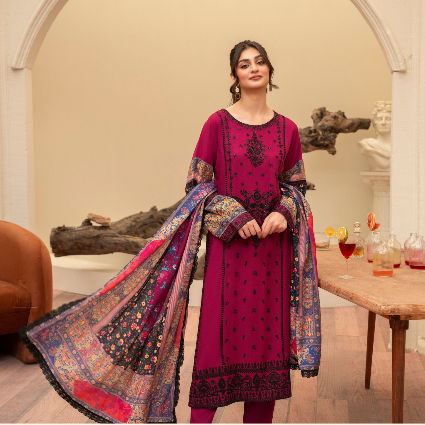 (Rose Red) 3 Pc Ready to Wear Embroidered Printed Collection | Karma Collection | UMKC0803
