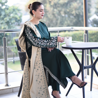 UA-29 3 Pc Embroidered Dhanak Dress with Embroidered Dhanak Shawl Pakistani Dress | UMNAA