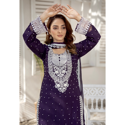 UMRZ-40 Luxury Handwork Embroidered Dress with Chiffon Dupatta 3 Pc |Ready to Wear| Rangz