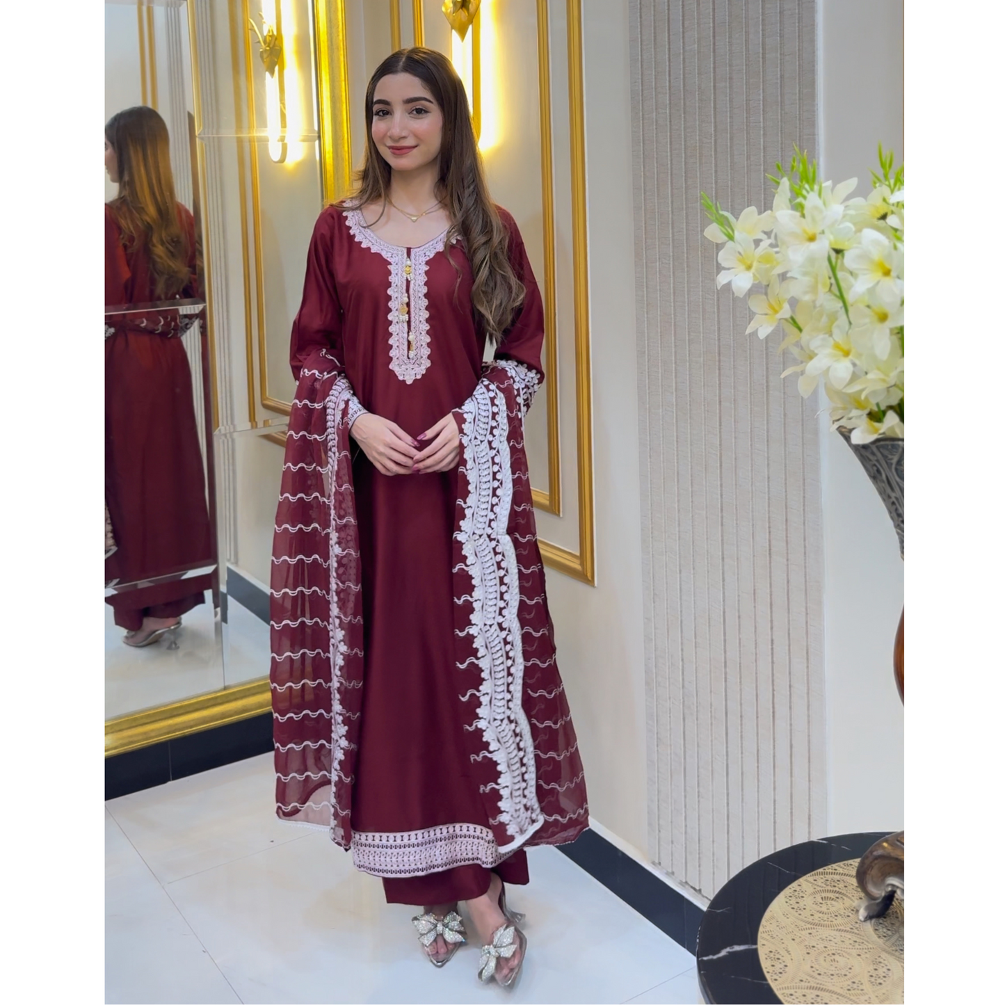 UA-47 Embroidered Linen with Chiffon Duppata Pc Dress | Ready to wear | UMNAA