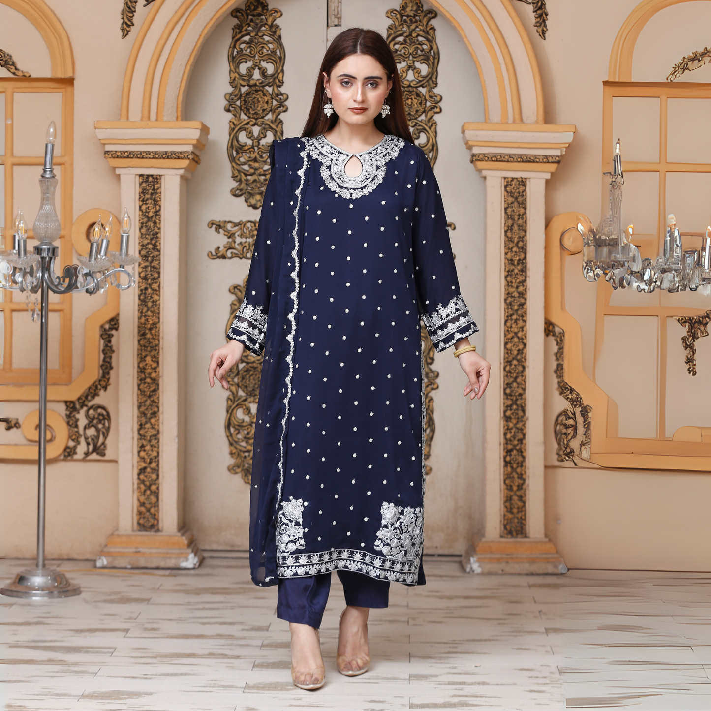 UA-54 3Pc Luxury Embroidered Chiffon Dress with Chiffon Dupatta 3 Pc |Ready to Wear| Umnaa
