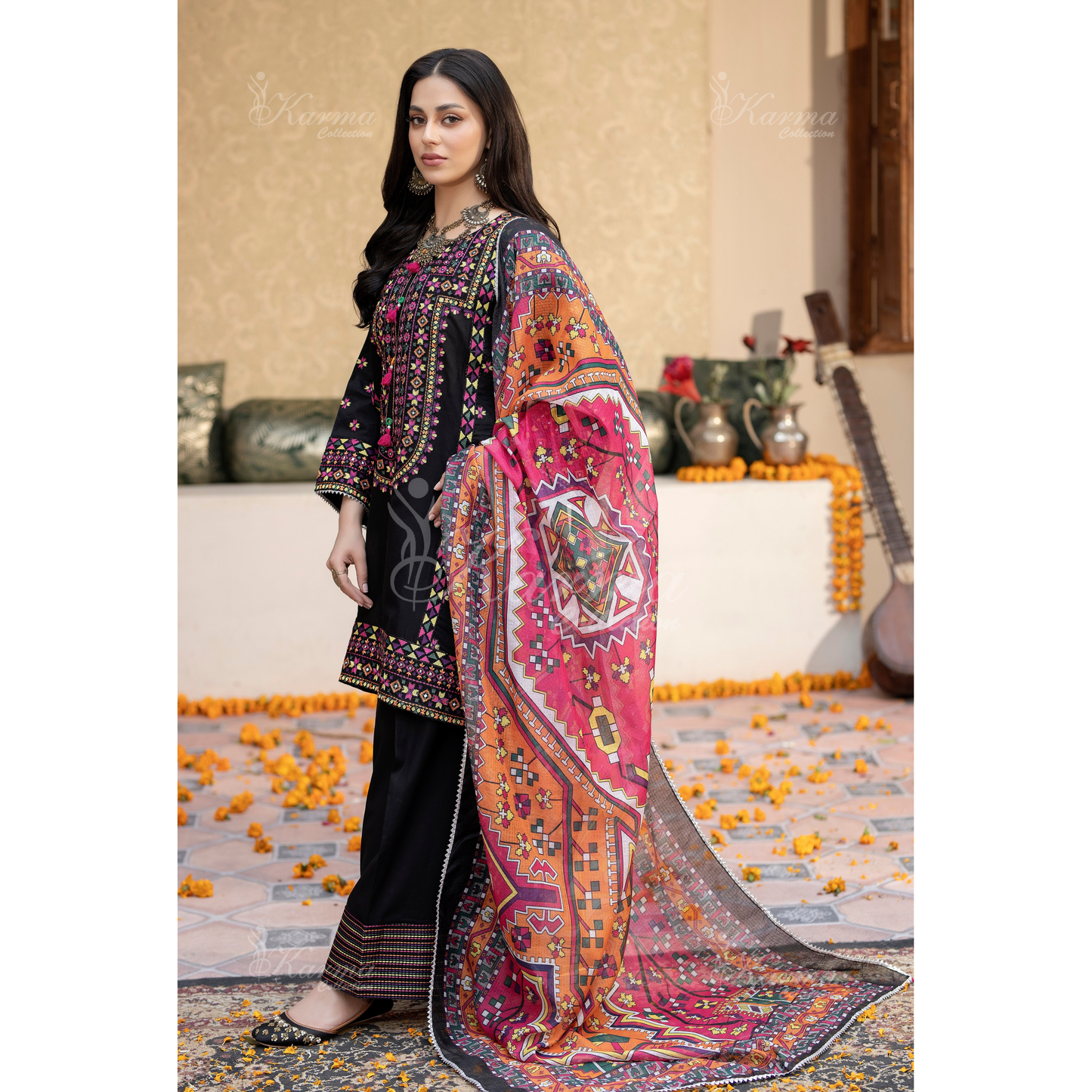 KC-1433 Embroidered Cambric Cotton Farshi Shalwar Kameez Ready to Wear 3 Pc - Karma Collection