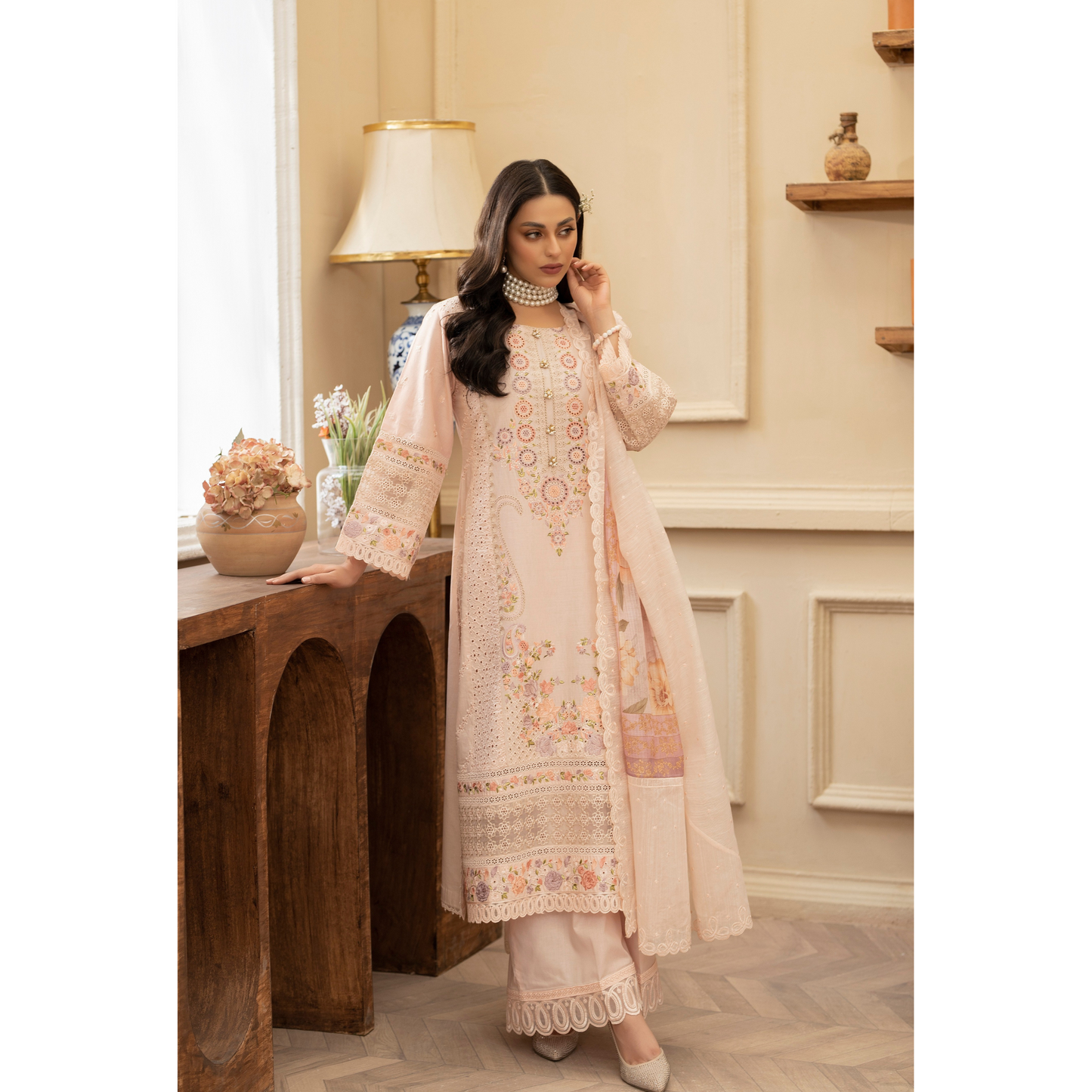 KC-1434 Embroidered Chikenkari Cambric Cotton Dress Ready to Wear 3 Pc - Karma Collection