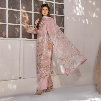 Floral Embroidered Viscose Linen 3 Pc Pakistani Dress | Ready to wear | Traditional Thread
