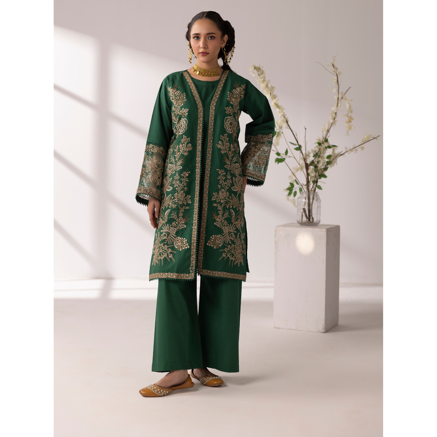 UMS-52 Maria.B inspired Embroidered Khaddar Jacket style dress with chiffon Duppatta by Simrans