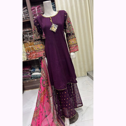 UA-166 Embroidered Chiffon Viral Sharara 3-Piece Collection by Umnaa
