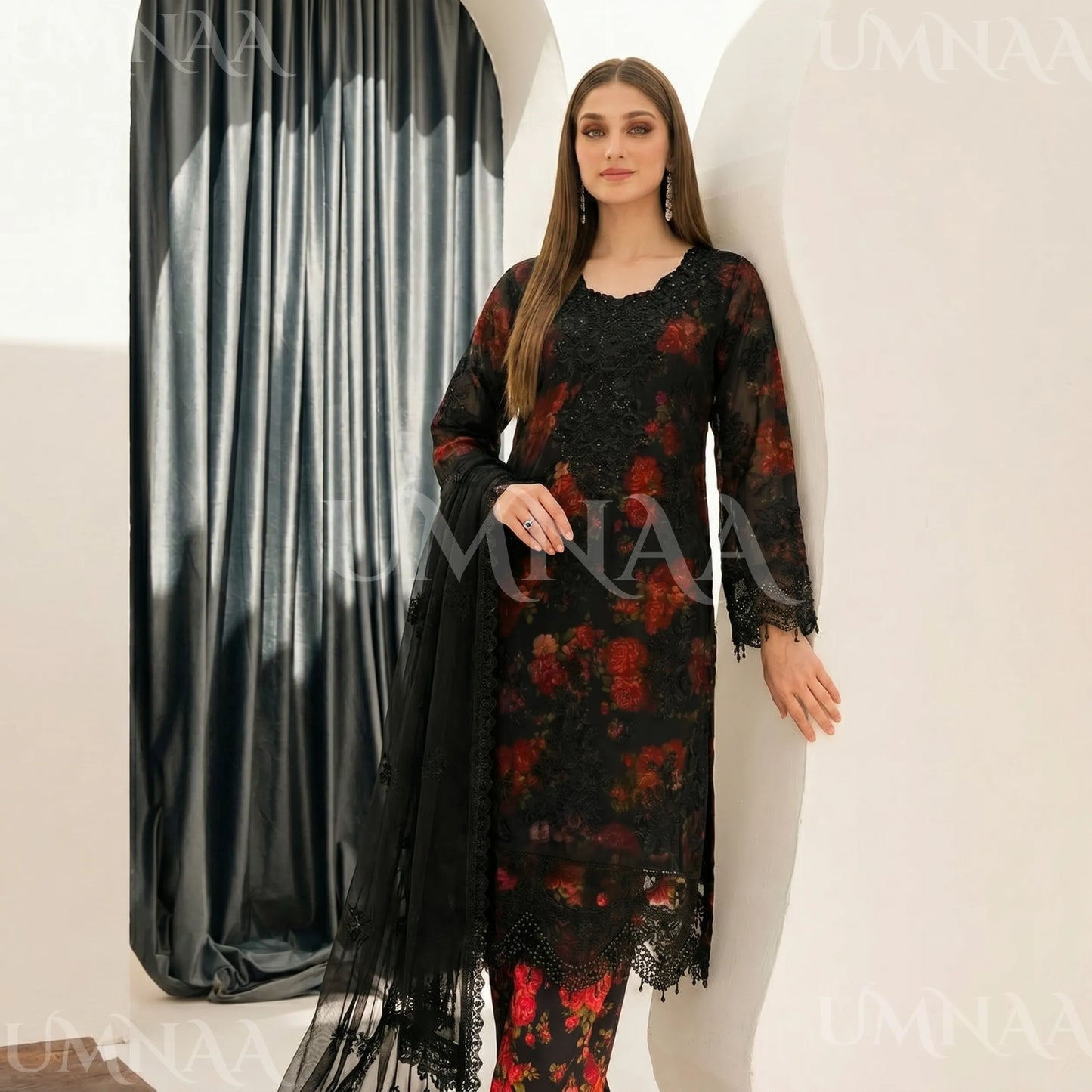 UA-184 Embroidered Chiffon 3-Piece with Printed Lining & Trouser