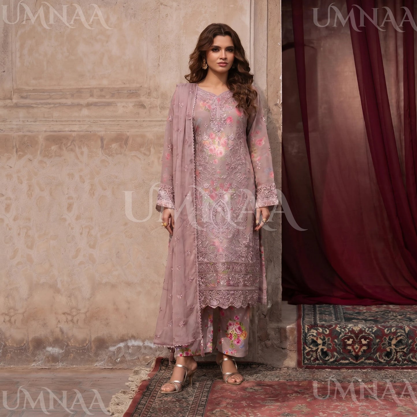 UA-205 Embroidered Chiffon 3-Piece with Printed Lining & Trouser